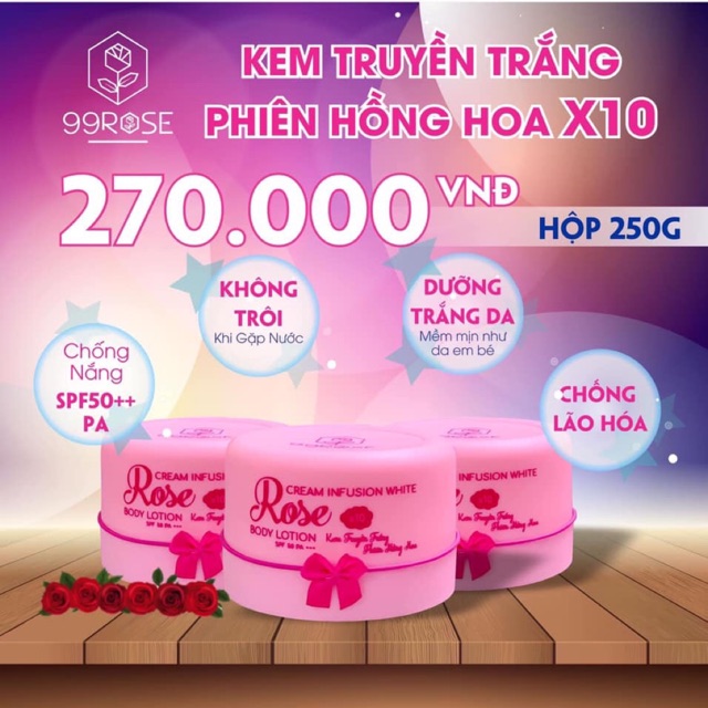 Kem truyền trắng body hoa hồng x10