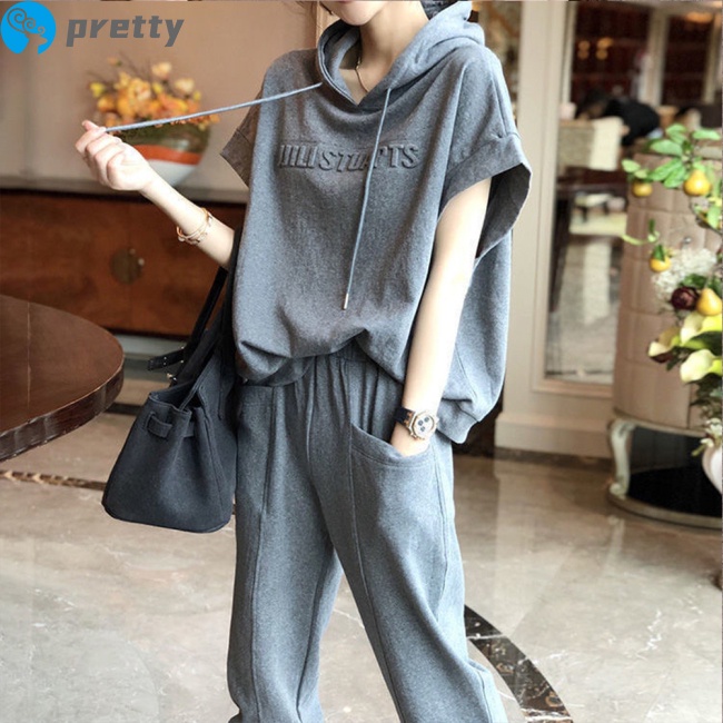 Set đồ thể thao 2 món gồm áo thun tay ngắn và quần dài có túi thời trang cho nữ