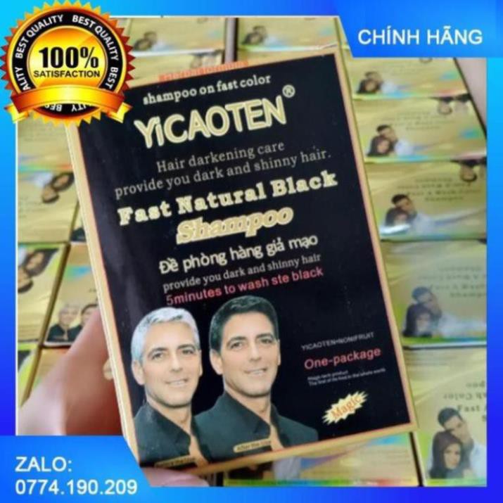 Hộp Dầu Gội Nhuộm Đen Tóc YiCaoTen - Gội Là Đen (Hộp 10 Gói Có Kèm Bao Tay)