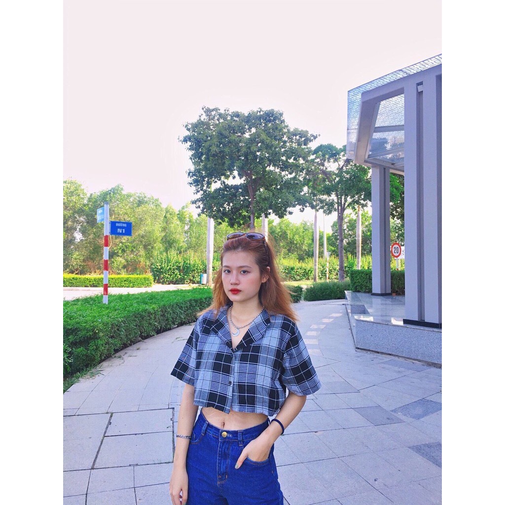 Áo Sơ Mi Croptop Tay Ngắn Kẻ Caro Chất Thô MềmÁo Croptop Cổ Vest Kẻ Caro
