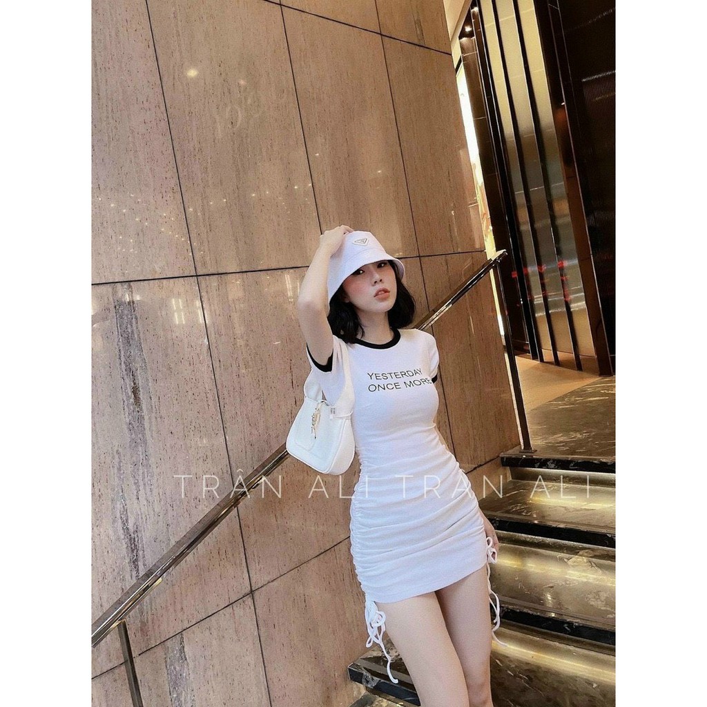 Đầm body nữ  tay ngắn cổ tròn viền màu kiểu in chữ yesterday xinh chất đẹp
