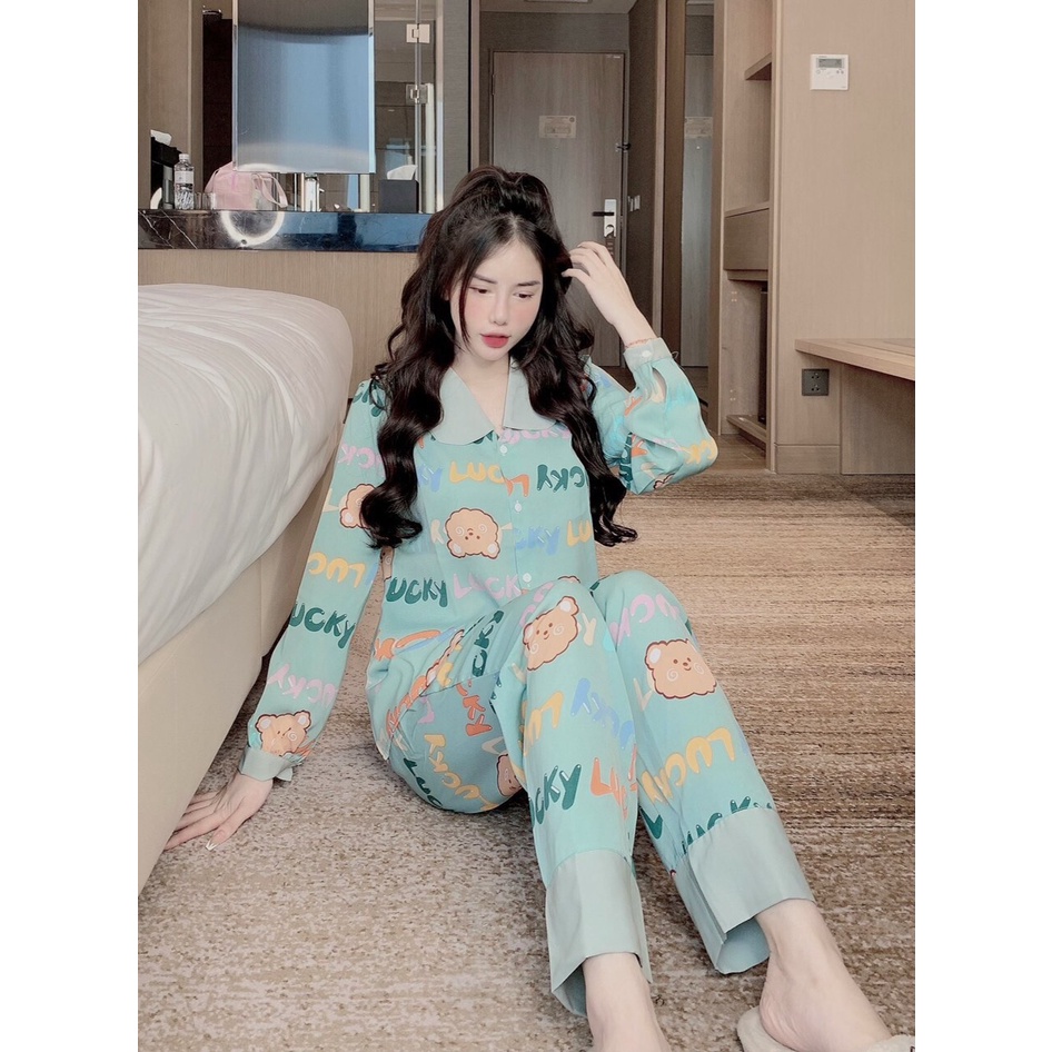 THANH LÍ Bộ ngủ nữ pyjama tay dài quần dài freesize 40-55kg vừa