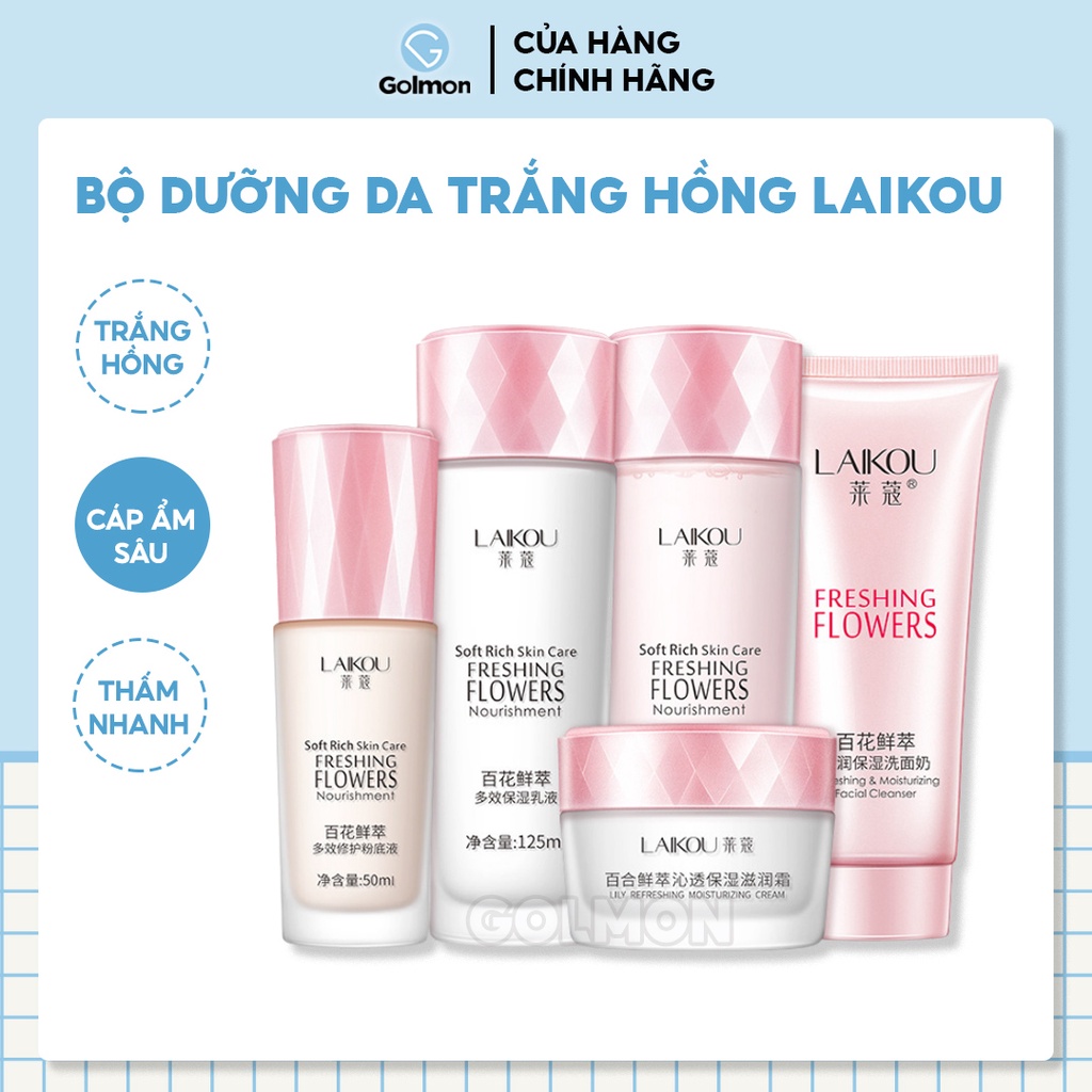 Bộ Chăm Sóc Da LAIKOU Dưỡng Ẩm và Trẻ Hóa Làn Da Sữa Rửa Mặt + Nước Cân Bằng + Sữa Dưỡng + Kem Dưỡng + Kem Nền