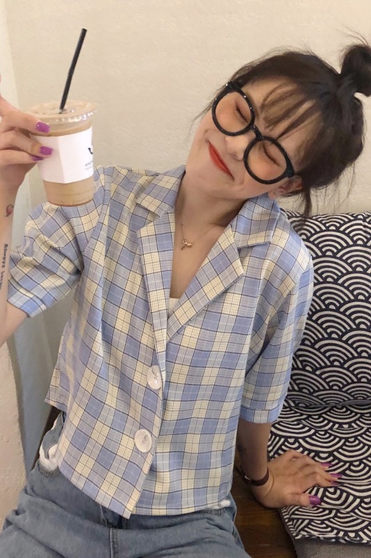 Áo blazer nữ đẹp 2021, Áo kiểu nữ cổ bẻ màu xanh Caro Phối Cúc Sang Chảnh Thời Trang Hàn Quốc | BigBuy360 - bigbuy360.vn