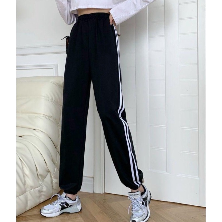 Size 38-100kg Quần Jogger ống rộng bo thun Thêu 3 sọc cho Nam Nữ Ulzzang Unisex