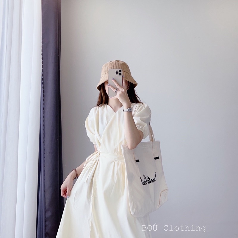 Đầm midi tay phồng dây chéo eo 1180 nhẹ nhàng, thanh lịch