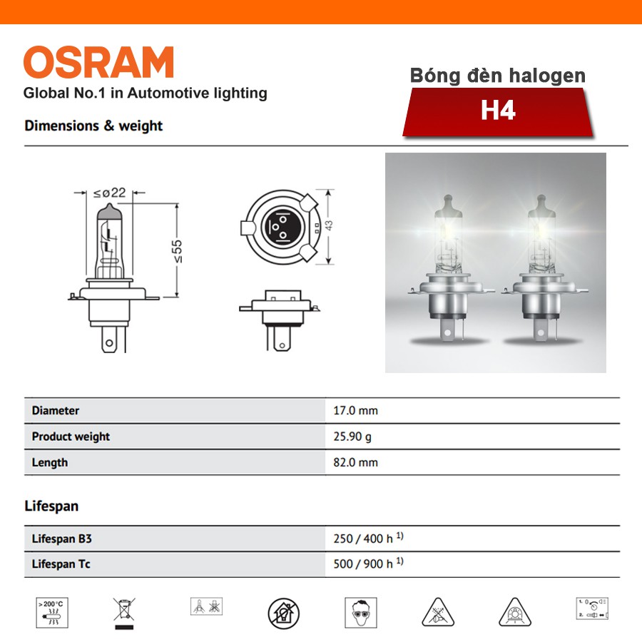 [Mã BMBAU50 giảm 10% đơn 99k] Bóng Đèn Halogen OSRAM Original H4 12V 60/55W Nhập Khẩu Chính Hãng