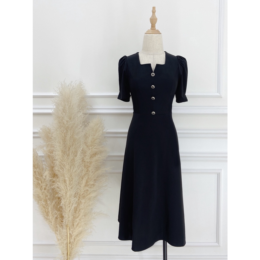 Đầm Dự Tiệc NHÂT VY Chất Thun Cổ Vuông Cách Điệu Đính Cúc Chiết Eo Dáng Xoè Phù Hợp Đi Chơi Dạo Phố Cafe - D2417