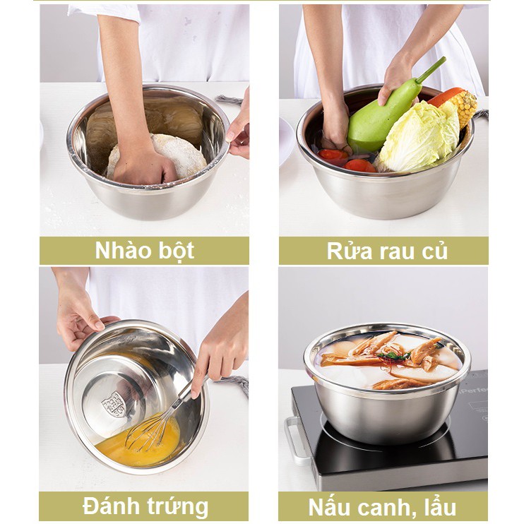 Thau Inox Đáy Sâu Trộn Bột, Trộn Salad, Rửa Rau Củ Cao Cấp Loại Dày, Tiêu Chuẩn 5 sao Có 3 Size Chọn Lựa