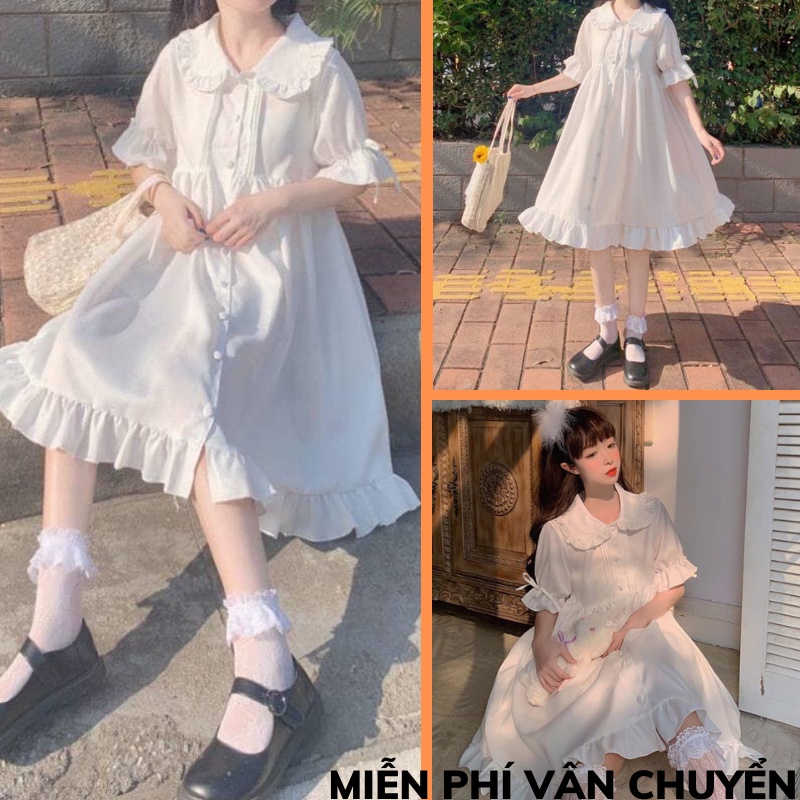 Đầm Babydoll Trắng Cổ Vuông Nơ Cài 🦋FREESHIP🦋 Váy Nữ Cộc Tay Nơ Đen Dáng Xòe XƯỞNG MAY TC2