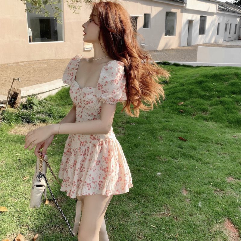 COZOK Đầm Tay Ngắn Cổ Vuông Họa Tiết Hoa Dáng Ôm Hợp Thời Trang