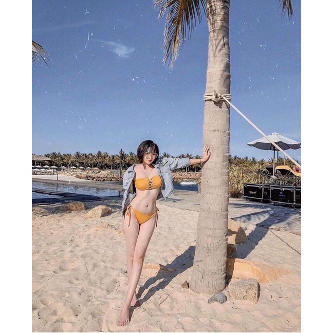 ĐỒ BƠI NỮ . bikini 2mảnh Đan dây ngực màu vàng nghệ ( Hàng có sẵn )