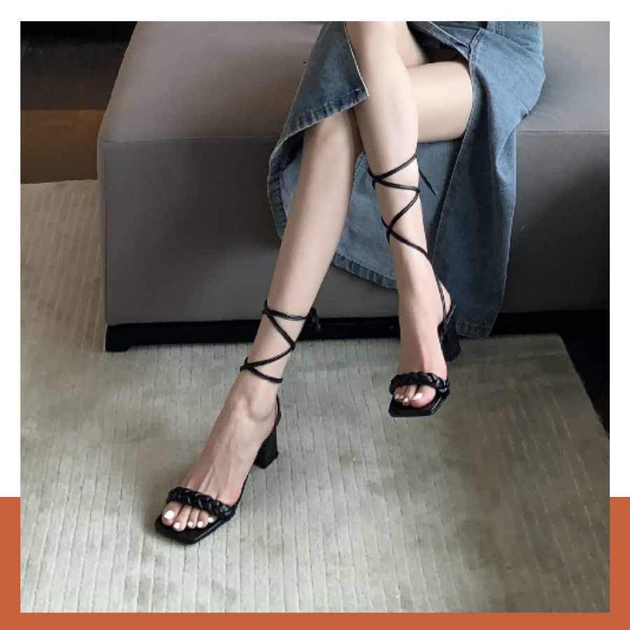 Xăng đan cao gót vuông 7p mũi hở cột dây quấn cổ chân bigsize 40 Hoàng Thanh - Giày nữ kiểu chiến binh mẫu mới 2022 C55