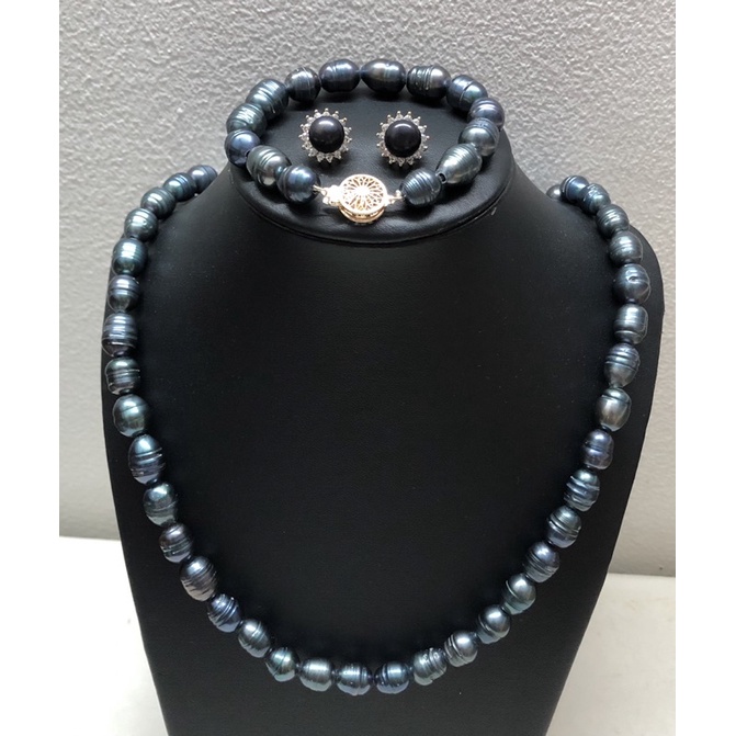 Bộ trang sức hạt ngọc trai nhân tạo rằn đen 12ly