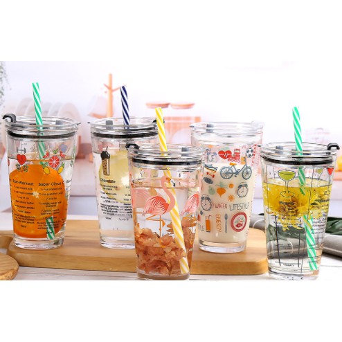 cốc nước hồng hạc BN4 thuỷ tinh có vạch 400ml - 450ml cute dễ thương