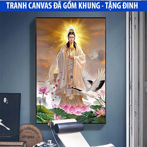 Tranh canvas treo tường Phật giáo ngài Quan Thế Âm Bồ Tát từ bi siêu đẹp tặng kèm đinh treo đa năng