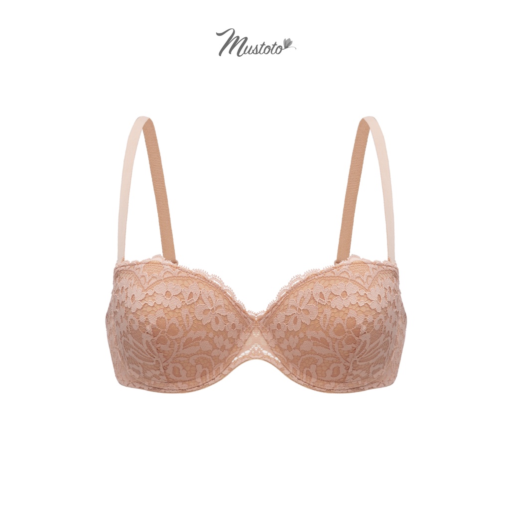 Áo Lót Tháo Dây Chống Tụt Ren Mút Mỏng 1cm Cúp Ngang Bra Confetti Hồng Cam (Mustoto MA25)
