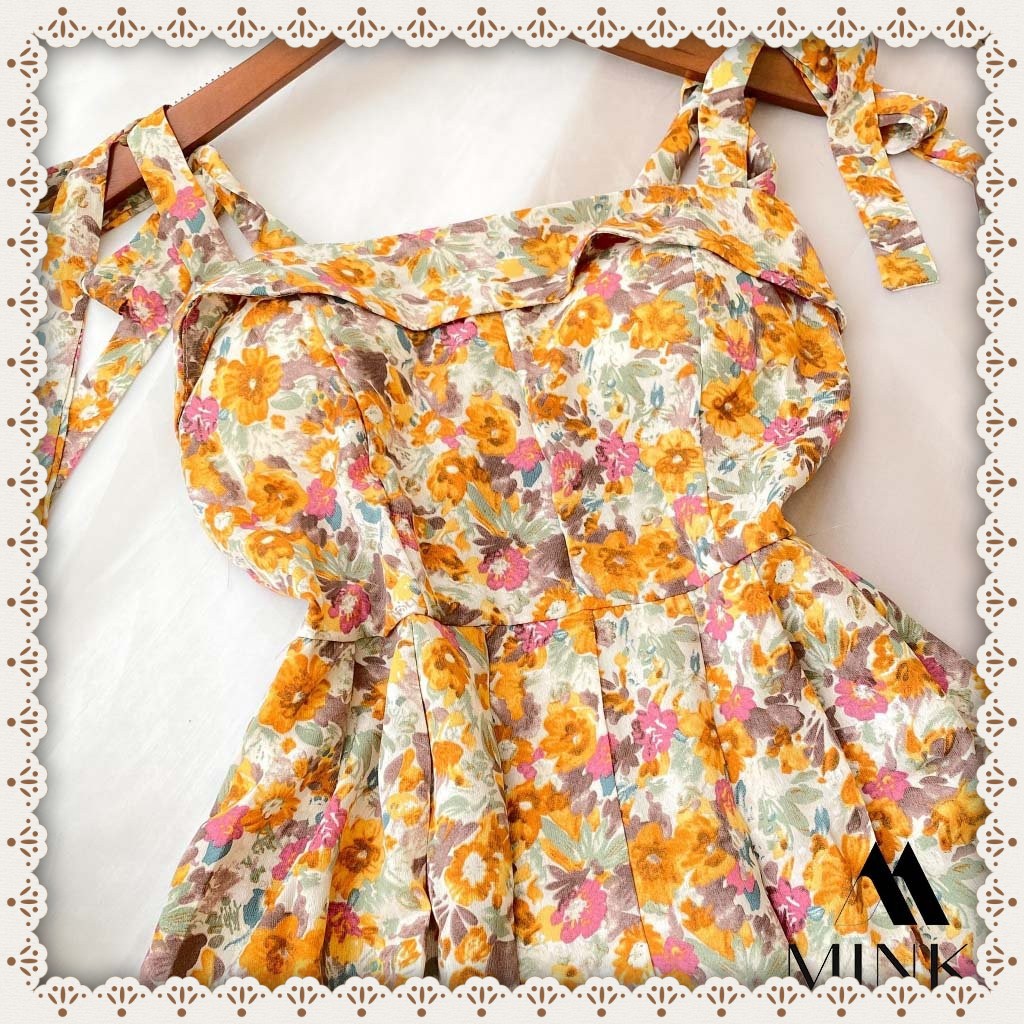 [HÀNG THIẾT KẾ] Váy Hoa Nhí Cột Nơ Vai (có mút) - Chất Liệu Voan Cát - Phiên Bản Hoa Cam