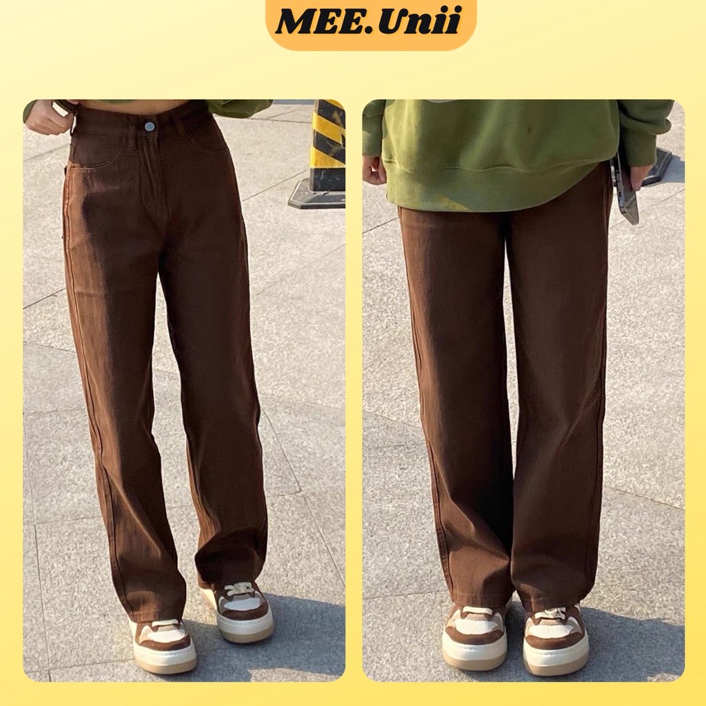 Quần jean  kaki suông ống rộng MEE.Unii cạp cao màu nâu, quần bò baggy ống suông chân dài