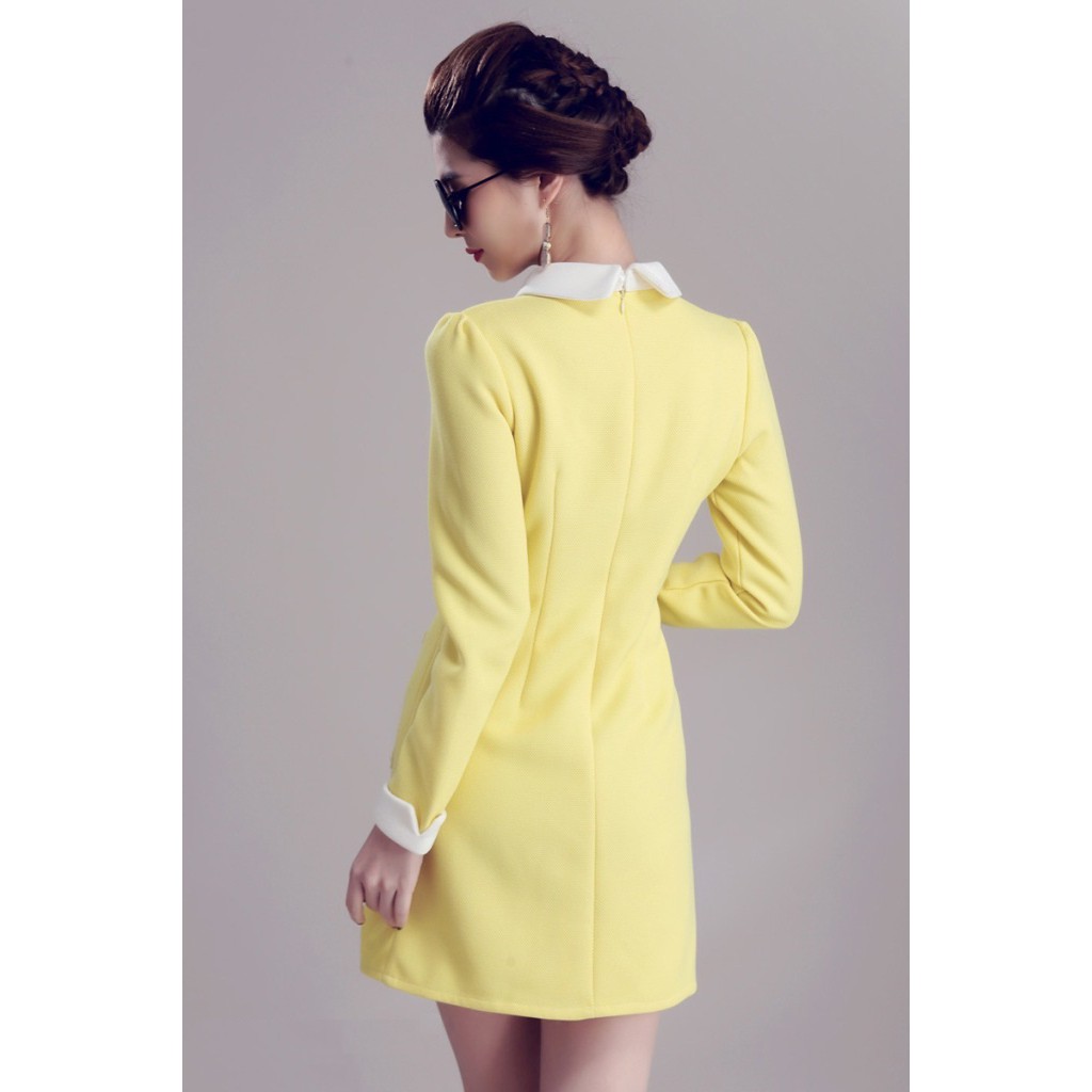 Váy đông nữ dài tay - Váy suông ngắn đính bông tiểu thư tay dài thu đông phong cách Hàn Quốc