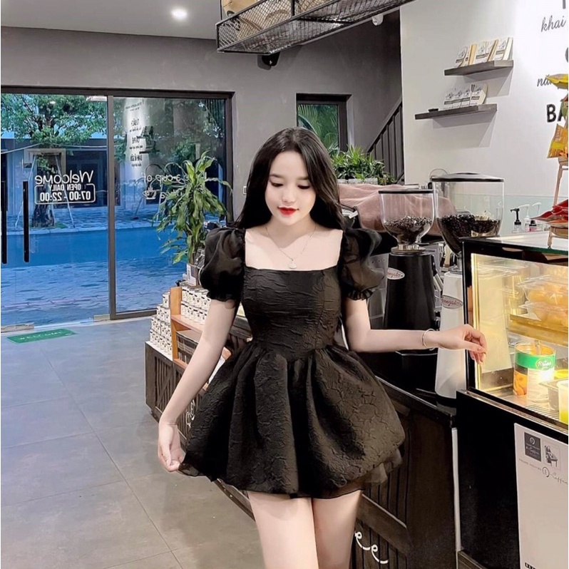 Váy chun vai tay bồng xốp phối tơ