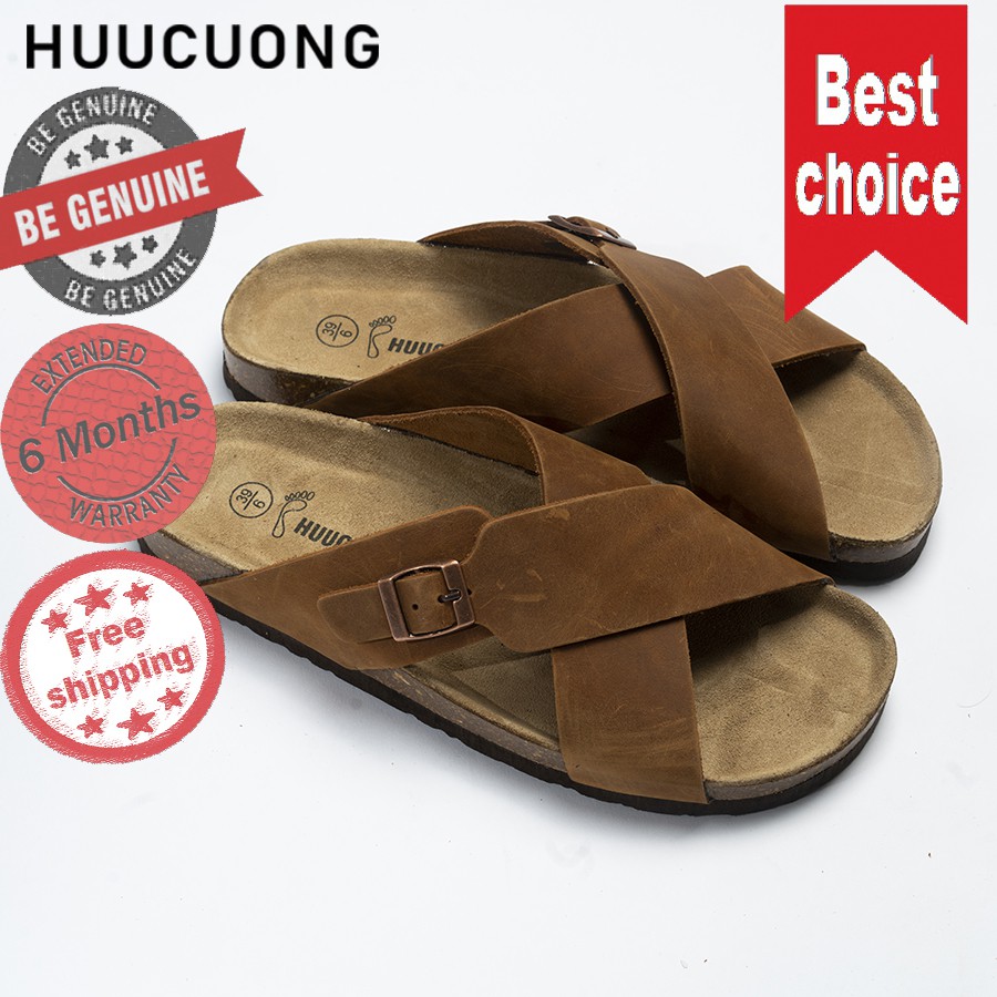 Dép quai chéo khóa da bò nâu / đen Bảo hành 6 tháng -Hàng chính hãng Hữu Cường, giầy dép sandal da thật chịu nước