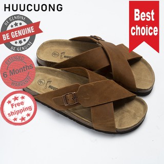 Dép quai chéo khóa da bò nâu / đen Bảo hành 6 tháng -Hàng chính hãng Hữu Cường, giầy dép sandal da thật chịu nước