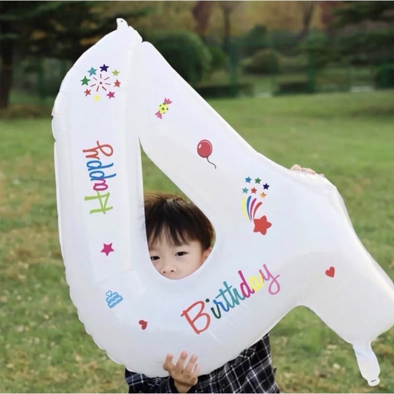 Bóng số trắng in hoạ tiết happy birthday vui nhộn size 70cm