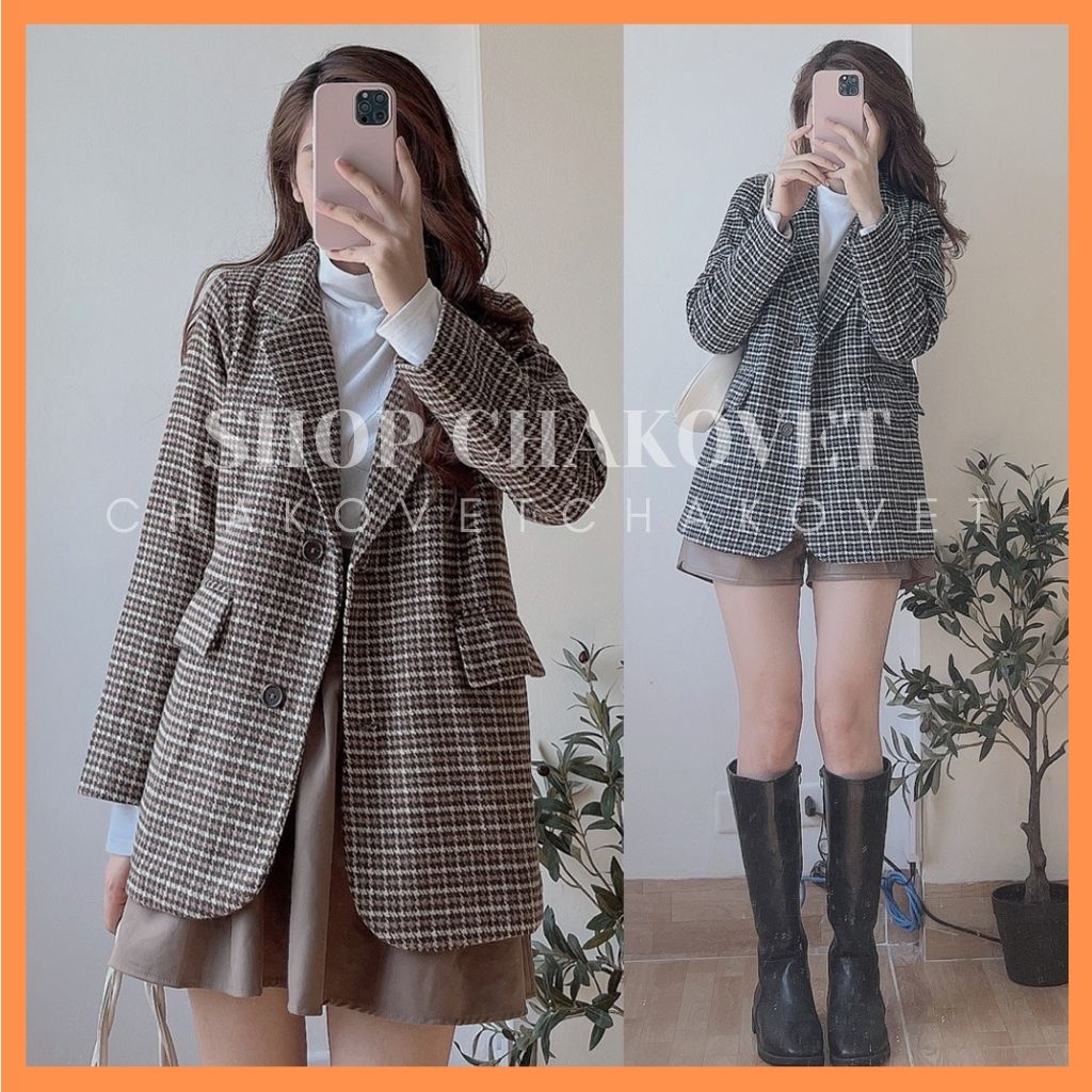 Áo dạ kẻ nữ 2 lớp AD8113, kiểu áo vest khoác ngoài dài tay 2 cúc hàng đẹp loại 1 êm tay  thời trang thu đông hàn quốc