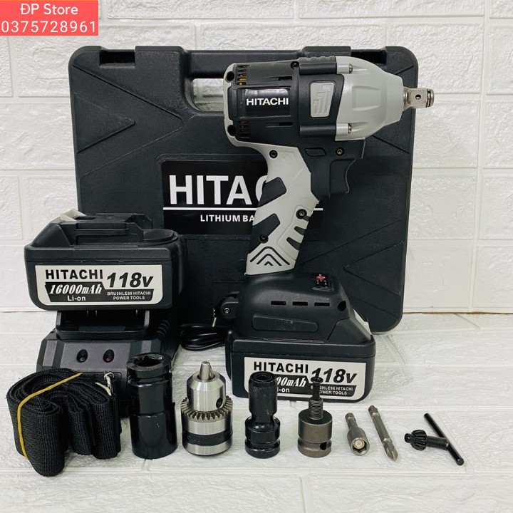 Máy Siết Bulong Hitachi 199v, pin 10cell, không chổi than, tặng bộ đầu chuyển đa năng và 3 đầu khẩu