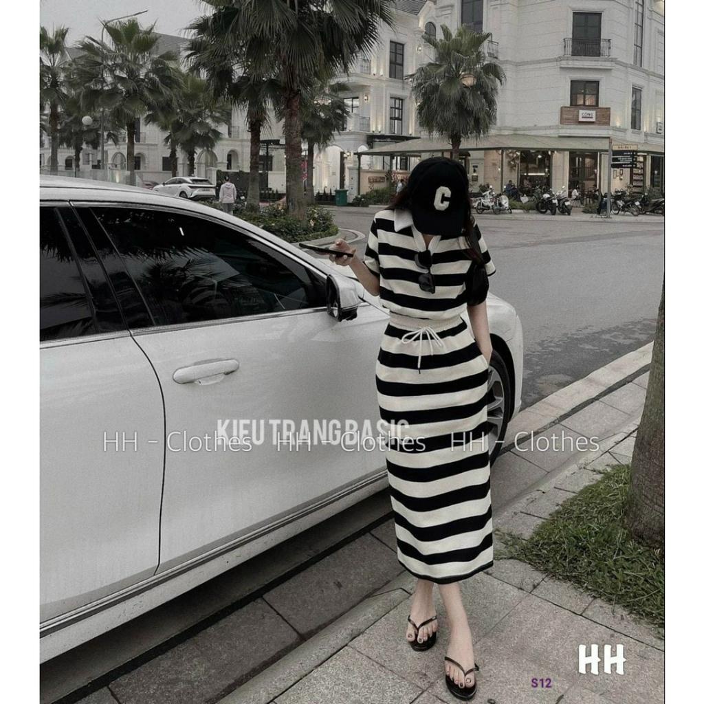 Set áo croptop cổ bẻ kẻ sọc chân váy xẻ tà dáng suông, Sét nữ kẻ chân váy bút chì cực xinh chất kẻ zip ❤️❤️❤️Gb98