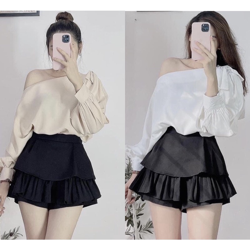 Sơmi lụa cổ ngang nơ vai mặc 2 kiểu (Ảnh thật)
