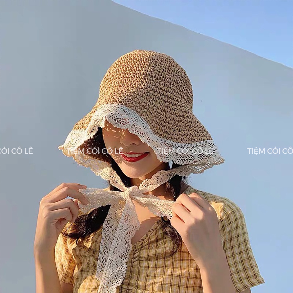 Nón cói đi biển dây ren kiểu dáng vintage, mũ tiểu thư vành rộng - Tiệm Cói Cô Lê