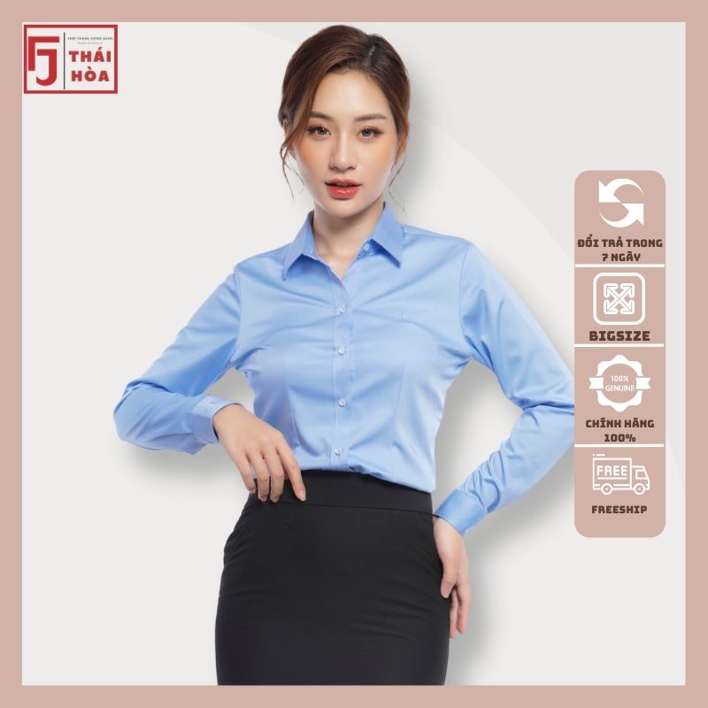 Áo sơ mi nữ Thái Hoà đẹp công sở dài tay sợi tre bigsize cao cấp màu xanh 8919-03-01