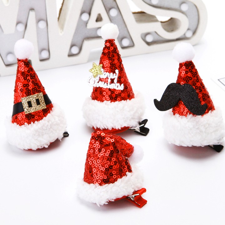 Kẹp tóc hình nón ông già Noel bằng vải vài sequin nhiều họa tiết xinh xắn ngộ nghĩnh BBShine (1pc) – P133