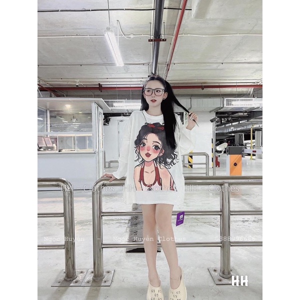 Áo phông dài tay in hình cô gái tóc cột nơ