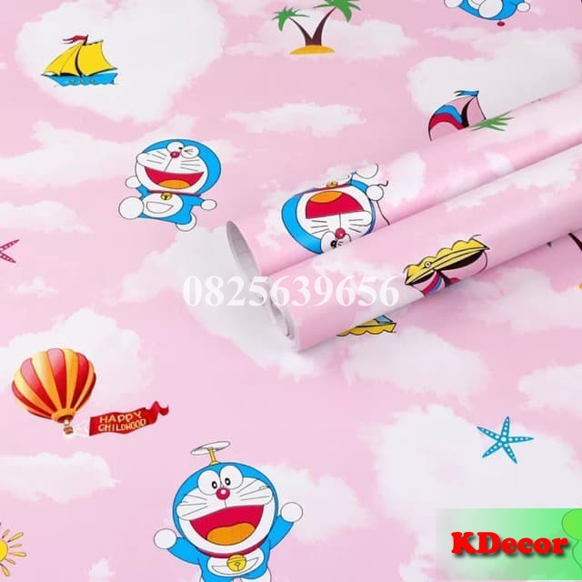 10m Giấy dán tường Doremon hồng sẵn keo khổ rộng 45cm