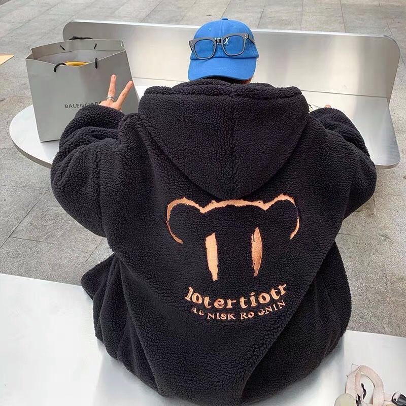 Áo Khoác Lông Thêu Gấu Có Mũ Dáng Rộng Phong Cách Unisex Thời Trang Cá Tính