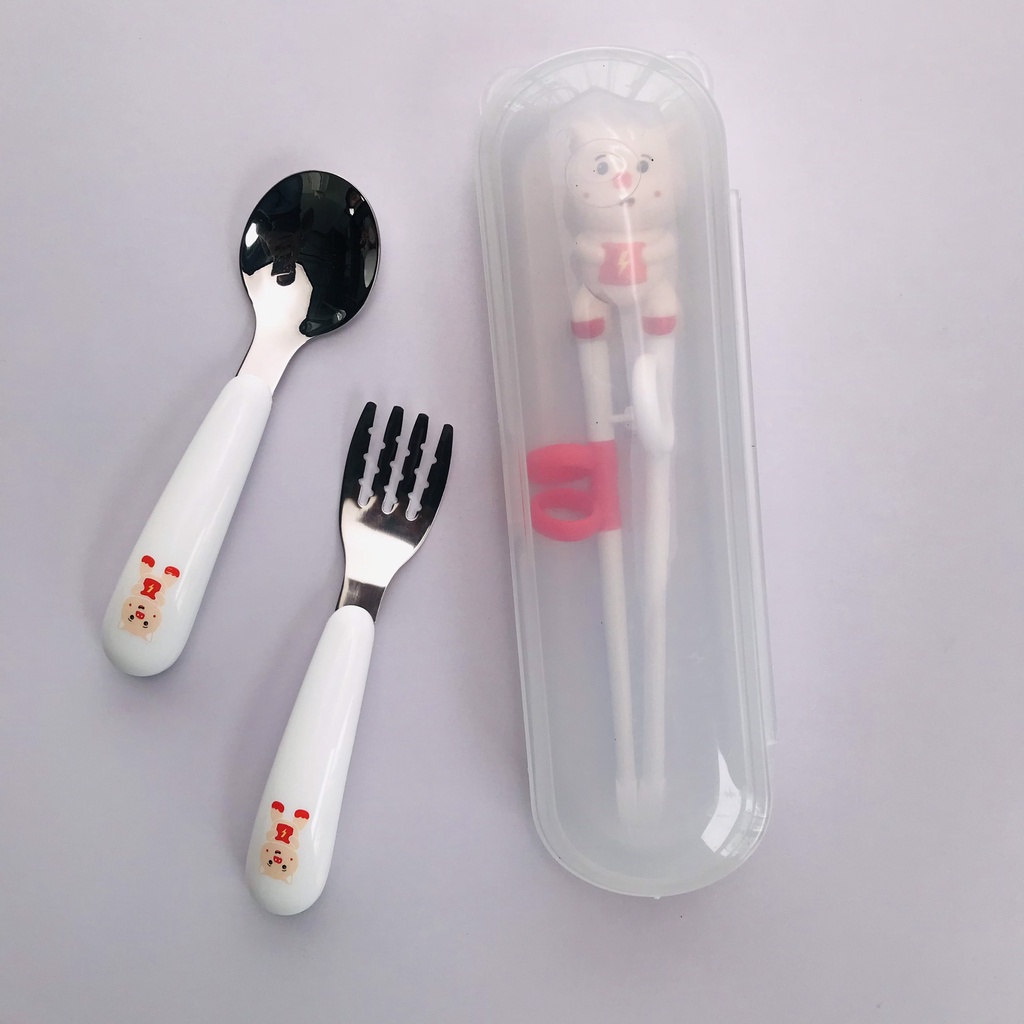 Set Đũa Thìa Dĩa Inox Hình Động Vật Cho Bé Tập Ăn Dặm Tặng Kèm Hộp Đựng Zimbababy