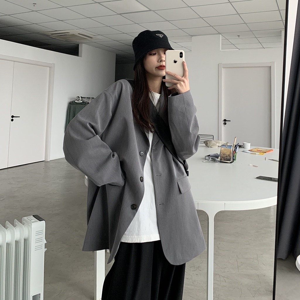 Áo khoác blazer tay dài dáng rộng phong cách Hàn Quốc cho nữ