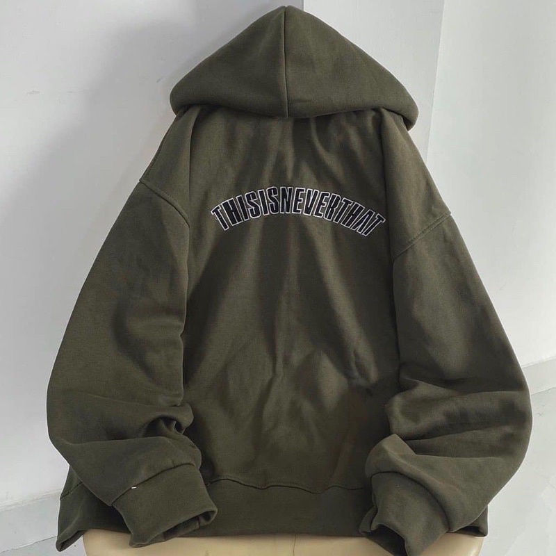 Áo Khoác Nỉ Mũ Dây Kéo Form Rộng  Xanh Rêu Thêu Chữ NEVERTHAT Unisex Chất Nỉ Dày Dặn Kèm Ảnh Thật