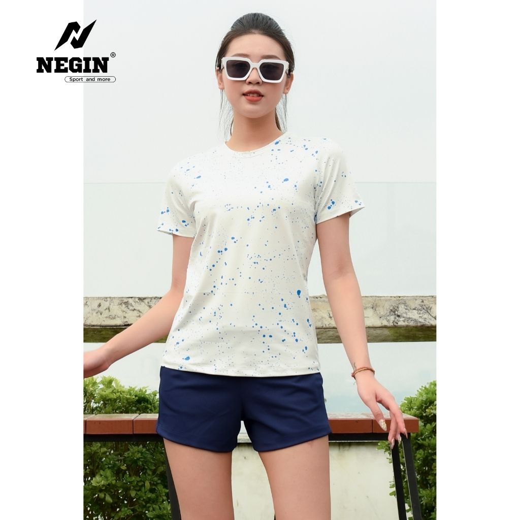 Áo Thun T-Shirt Nữ NEGIN Cổ Tròn Ngắn Tay, Họa Tiết Chấm Màu Tinh Tế, Chất Vải Co Giãn Thoáng Khí AN330W