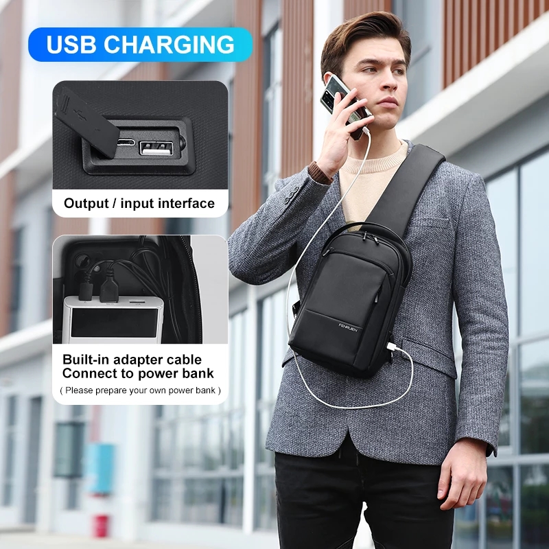 Fenruien New Sling bag Men's Casual Crossbody Bag Waterproof Chest Bag Lightweight Shoulder Messenger Bag with USB Charge