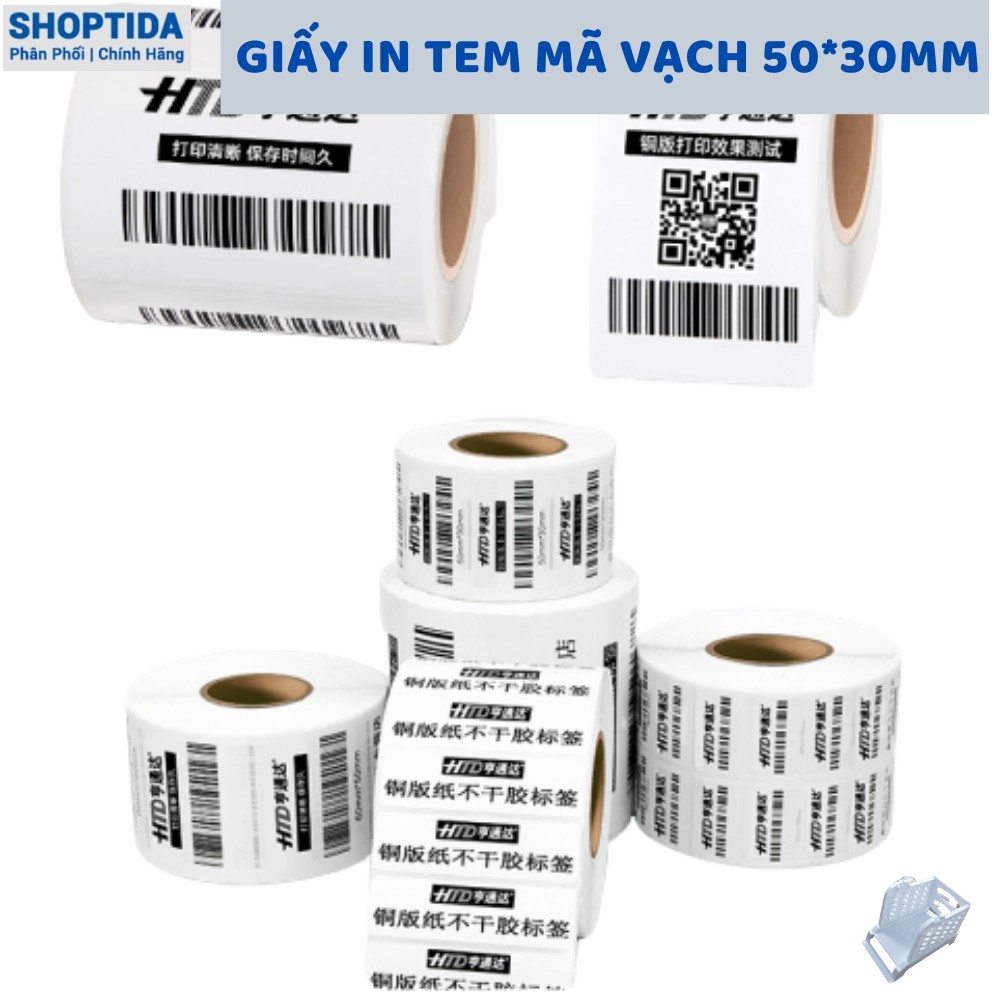 Tem in nhiệt Shoptida 50*30mm  loại 1400 tem in minicode, thông tin sản phẩm, sử dụng cho máy in nhiệt Shoptida SP46