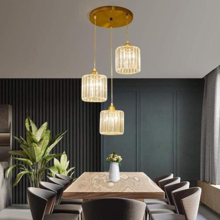 Đèn Thả Trần - Đèn Thả Bàn Ăn BỘ 3 chao vàng Pha Lê Trang Trí Hiện Đại - kèm bóng LED và đế ốp trần-bảo hành 1 năm
