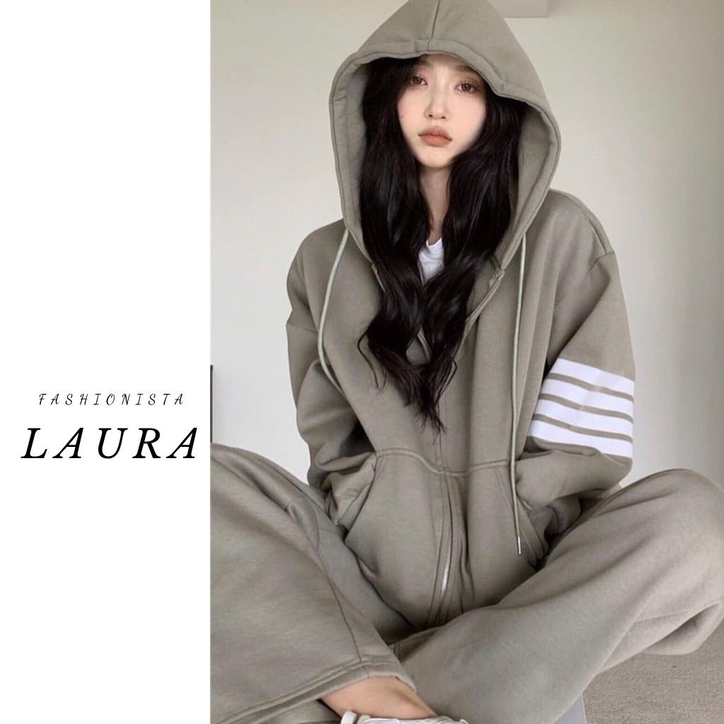 Set áo khoác nỉ có khóa sọc tay dáng rộng kèm quần nỉ jogger Laura Boutique