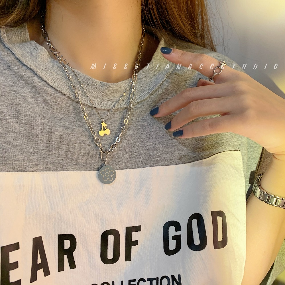 Vòng cổ hai lớp mặt hình hoa và quả anh đào phong cách punk dành cho nữ