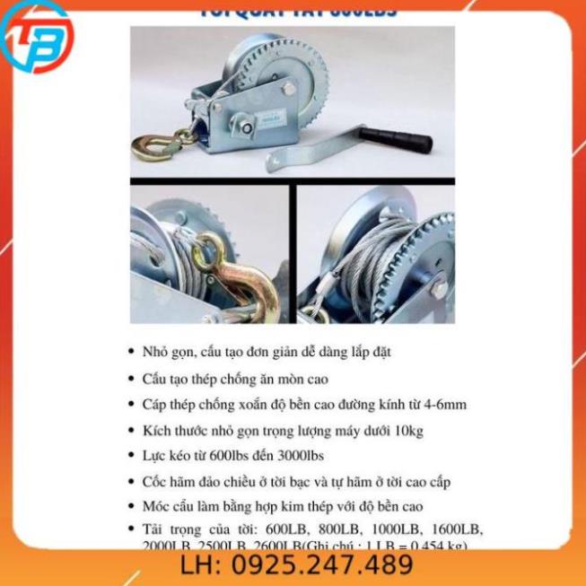 Tời Quay Tay 800 LBS Tải Trọng 320 Kg Có Cáp Móc 8 Mét