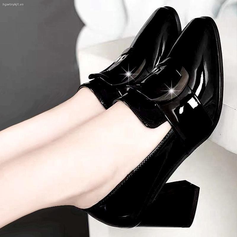 ☫○Ladies spring/summer 2021 new black high heels women retro square-toe loafers net red wild thick-heeled shoes