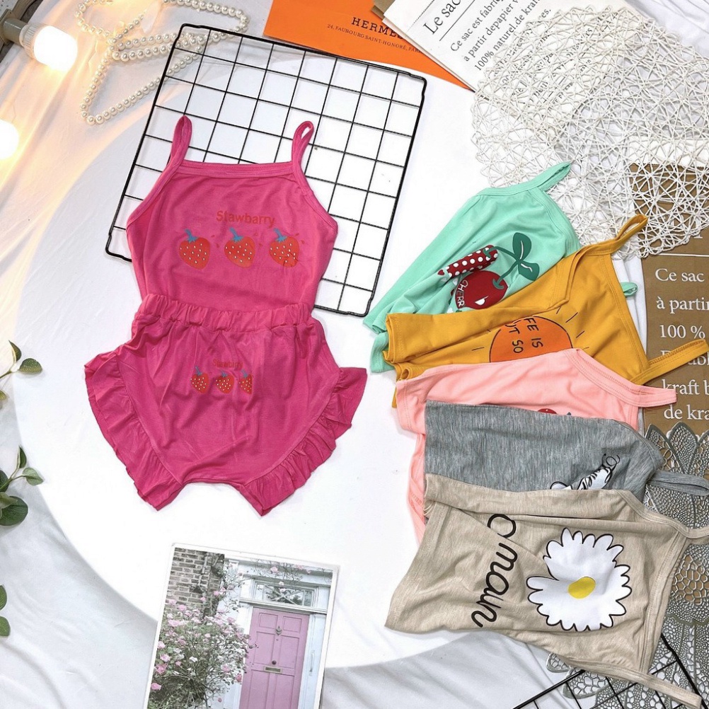 BỘ 2 DÂY BÉ GÁI VẢI COTTON IN HÌNH HOA QUẢ SUWBARRY SIÊU ĐÁNG YÊU !!!